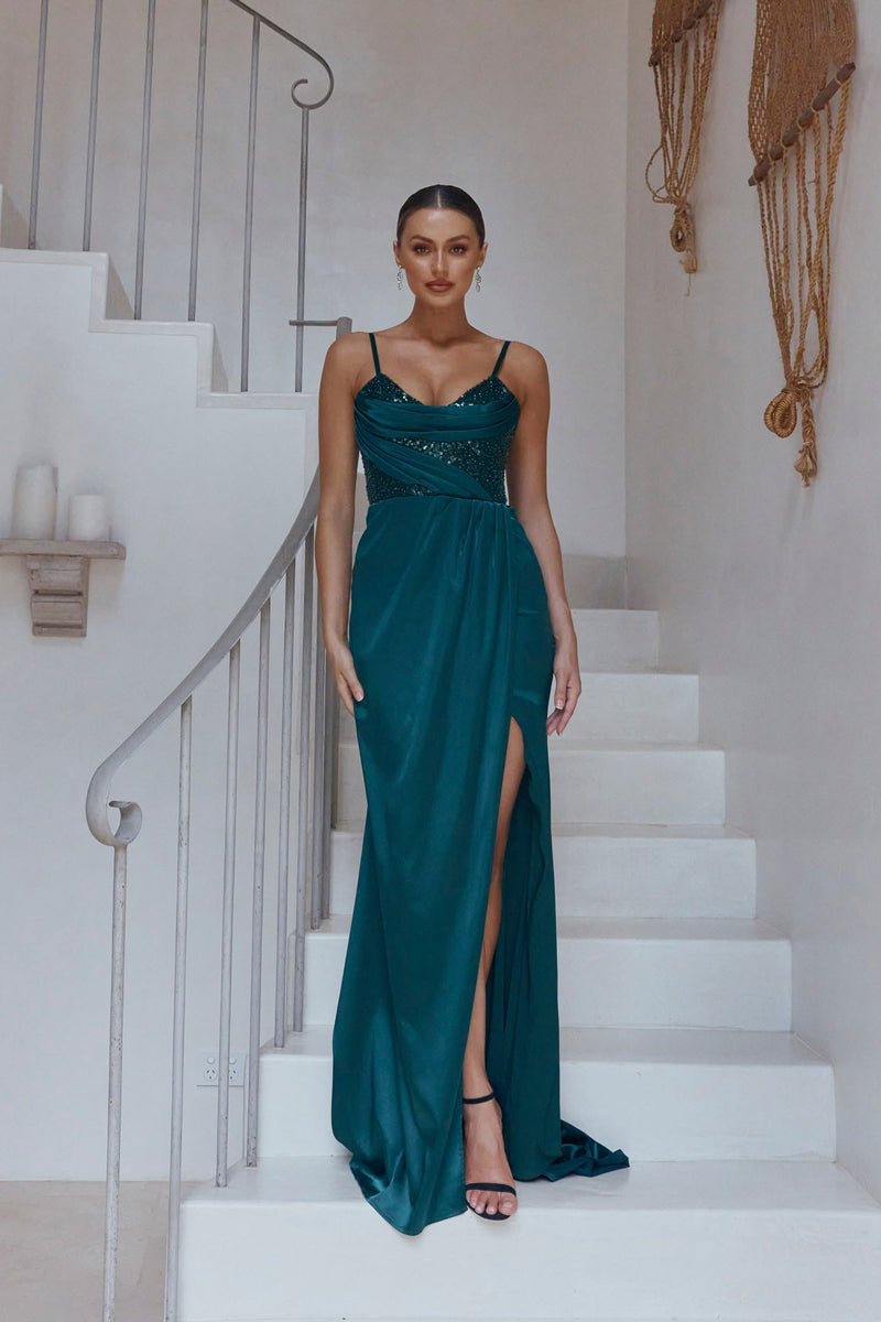 Ella Pleated Satin Evening Dress – PO2307 – Sentani Boutique