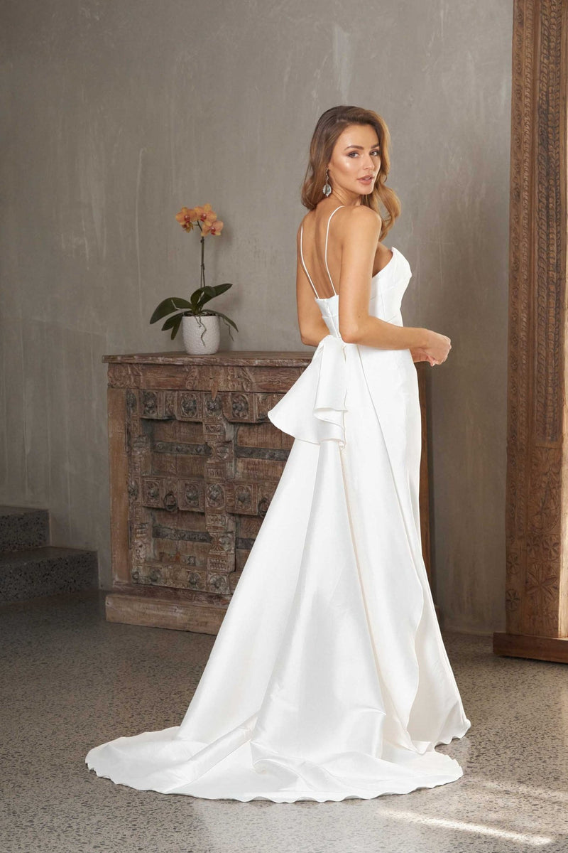 Satin Halter Gown with Bow Back Detail