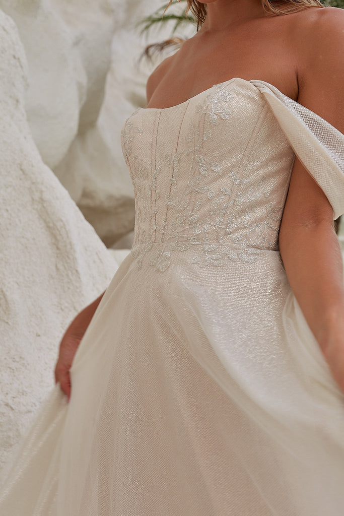 Indra Off - the - shoulder A - line Wedding Dress - Sample Sale by Tania Olsen Designs