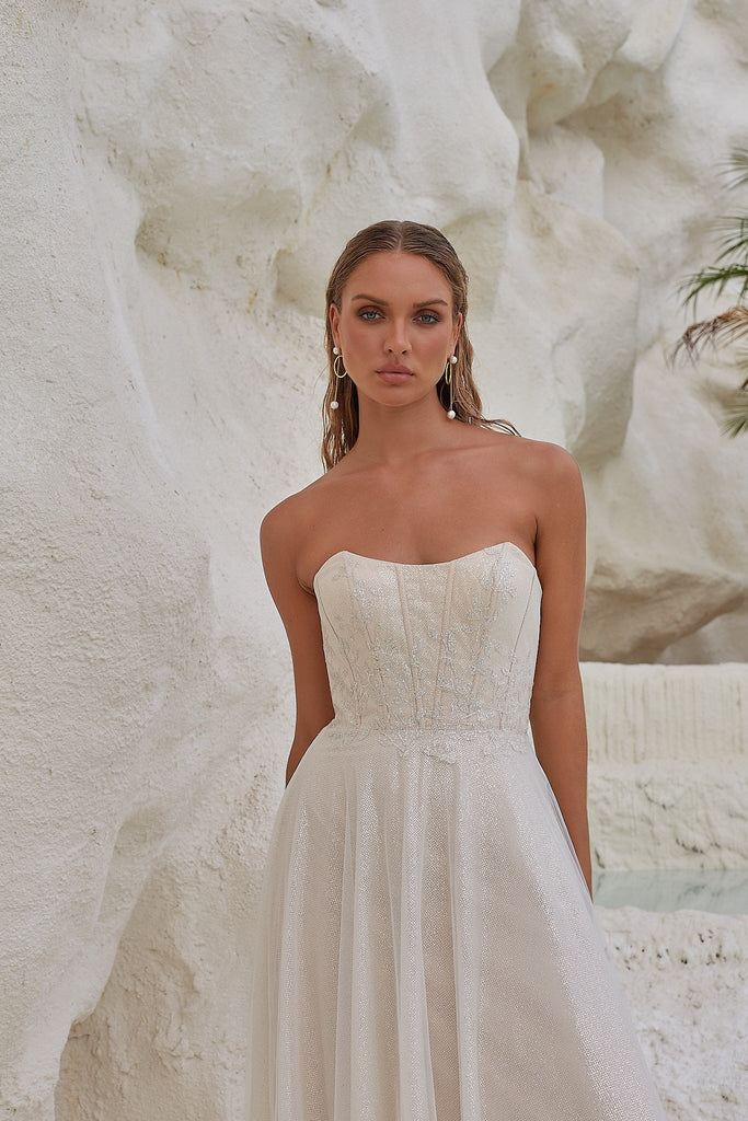 Indra Off - the - shoulder A - line Wedding Dress - Sample Sale by Tania Olsen Designs