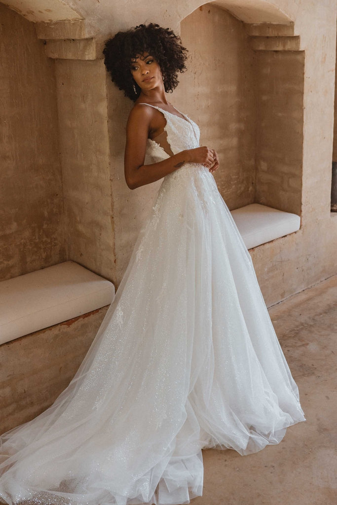 Jasper Plunging Glitter Tulle Wedding Dress – Sample Sale by Tania Olsen Designs