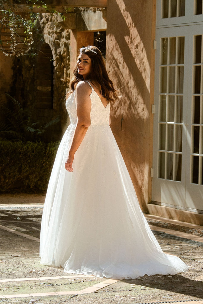 Jasper Plunging Glitter Tulle Wedding Dress – Sample Sale by Tania Olsen Designs