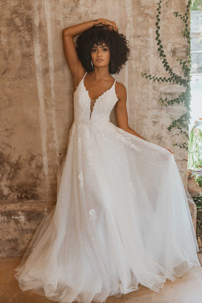 Jasper Plunging Glitter Tulle Wedding Dress – Sample Sale by Tania Olsen Designs