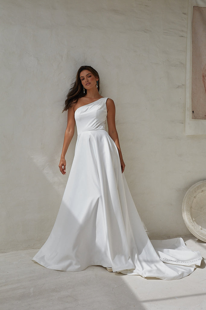 Nerina One Shoulder Puff Sleeve Wedding Dress - Sample Sale by Tania Olsen Designs