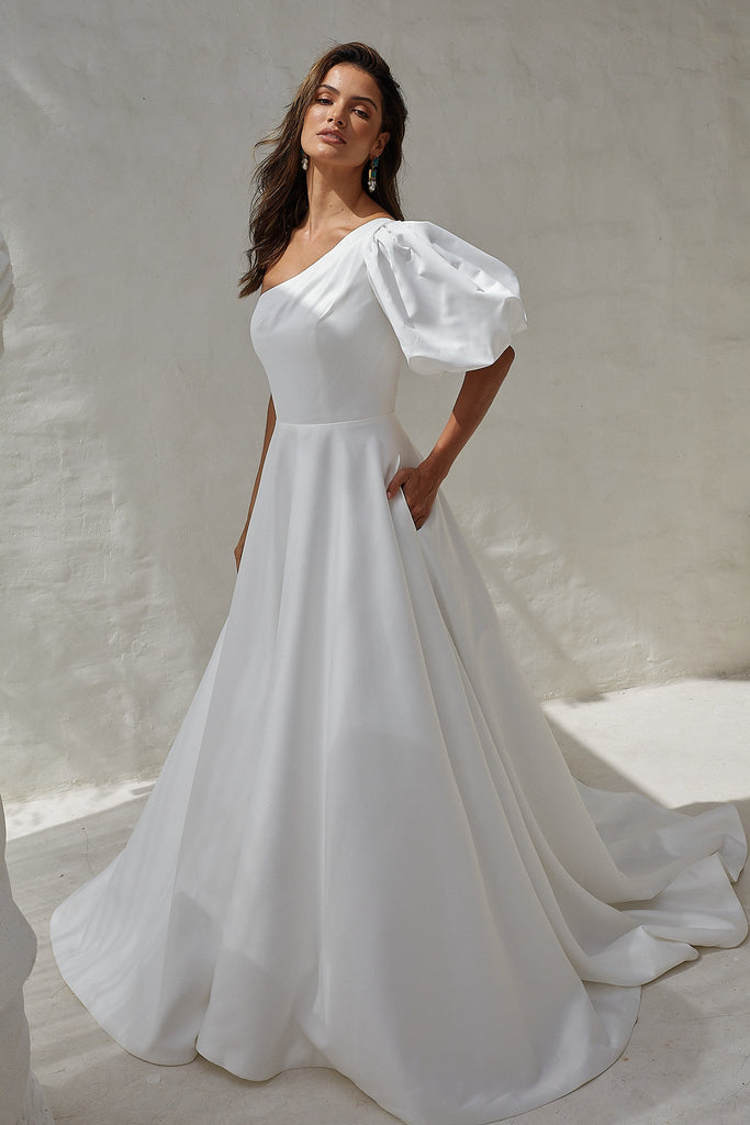 Nerina One Shoulder Puff Sleeve Wedding Dress - Sample Sale by Tania Olsen Designs