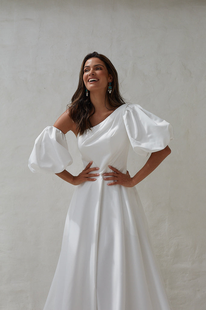 Nerina One Shoulder Puff Sleeve Wedding Dress - Sample Sale by Tania Olsen Designs