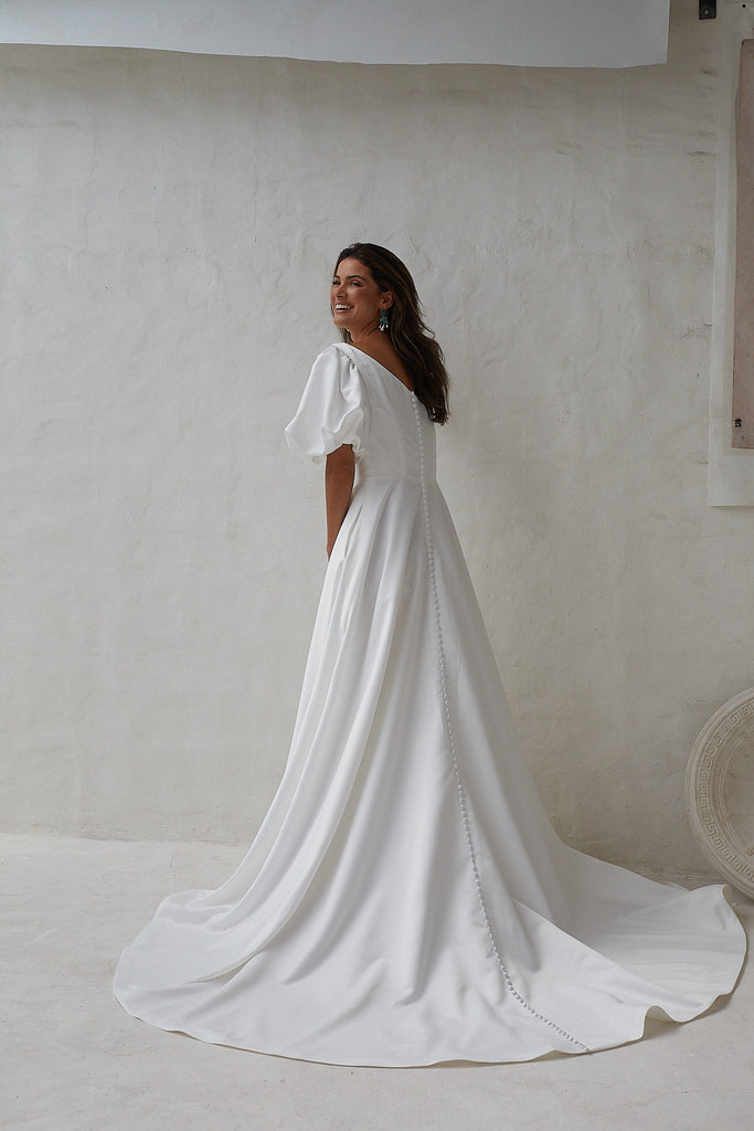 Nerina One Shoulder Puff Sleeve Wedding Dress - Sample Sale by Tania Olsen Designs