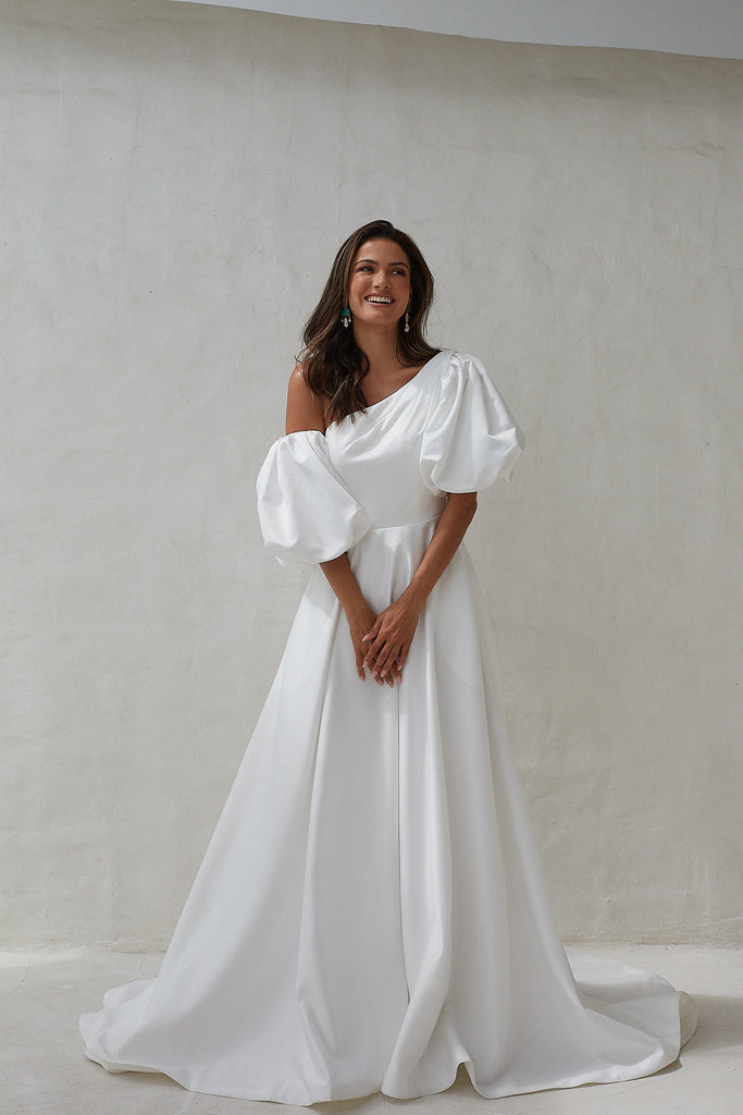 Nerina One Shoulder Puff Sleeve Wedding Dress - Sample Sale by Tania Olsen Designs