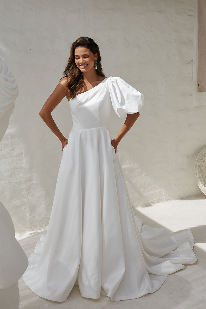 Nerina One Shoulder Puff Sleeve Wedding Dress - Sample Sale by Tania Olsen Designs