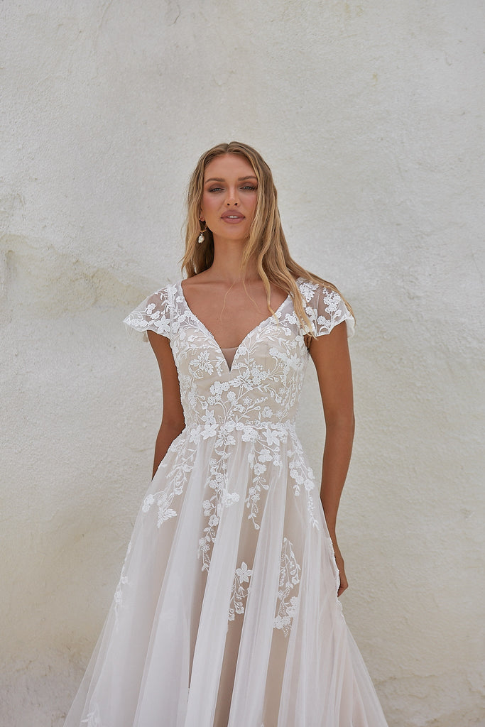 Reva Modern Floral Lace Bridal Gown - Sample Sale by Tania Olsen Designs